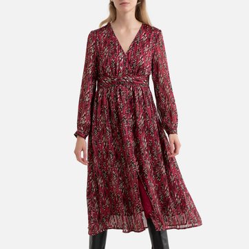 Vestido midi evasé, estampado gráfico, decote em V SEE U SOON