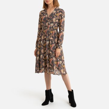 Vestido midi evasé, estampado florido, decote em V SEE U SOON
