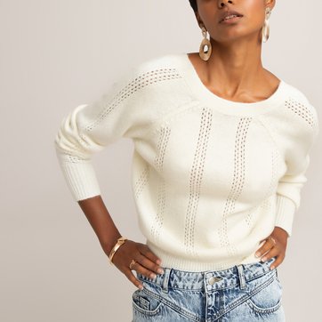 Camisola com gola redonda à frente, decote em V atrás, malha ajurada LA REDOUTE COLLECTIONS