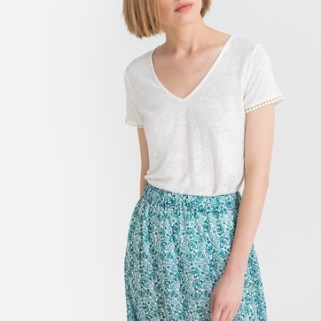 T-shirt com decote em V, mangas curtas, em linho LA REDOUTE COLLECTIONS