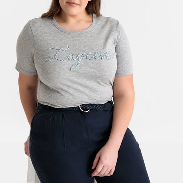 T-shirt de gola redonda, mensagem bordada, mangas curtas CASTALUNA