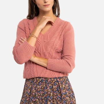 Camisola com decote em V, em malha grossa aos torcidos ANNE WEYBURN
