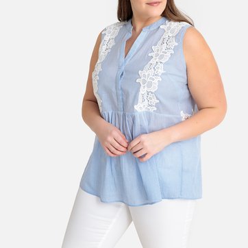 Blusa de cavas, riscas finas, com bordados CASTALUNA