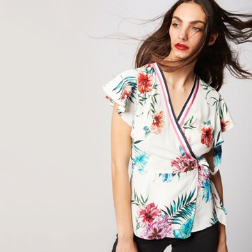 Blusa para atar, estampado tropical, mangas curtas Blusa para atar, estampado tropical, mangas curtas MORGAN