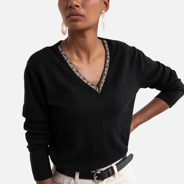 Pullover mit V-Ausschnitt, Perlendetails und langen Ärmeln MOLLY BRACKEN