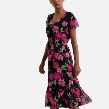 Robe Longue Femme Grande Taille Col V Solide Casual Manche Courte Coton et Lin Robe Boutons d/épissure Loose Maxi Robe Bringbring