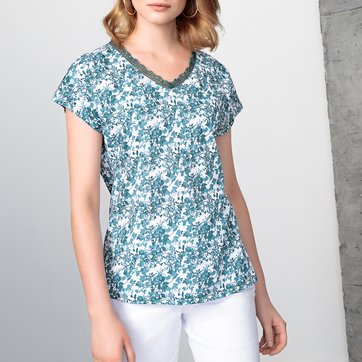 T-shirt, decote em V, algodão & modal, mangas curtas ANNE WEYBURN