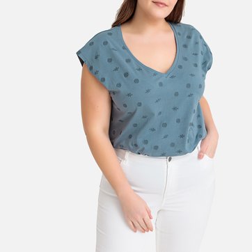 T-shirt bordada com decote em V, mangas curtas CASTALUNA