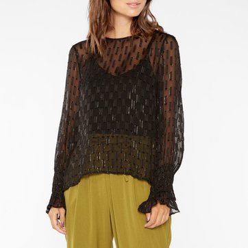 Blusa de gola redonda, transparente, punhos com rufos YAS