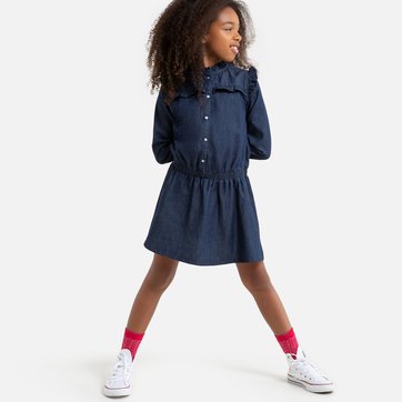 Vestido de mangas compridas com folhos, em ganga, 3-12 anos LA REDOUTE COLLECTIONS