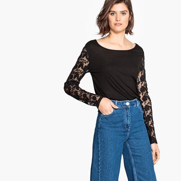 Camisola com decote largo, mangas compridas em renda LA REDOUTE COLLECTIONS