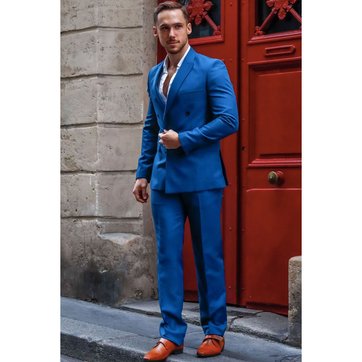 Costume croisé bleu | La Redoute Blazer croisé en pure laine piquée bleu Bruce Field | La Redoute