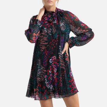 Vestido direito e evasé, às flores, laço na gola MOLLY BRACKEN