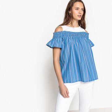 Blusa bimaterias às riscas, ombros à mostra com rufos LA REDOUTE COLLECTIONS