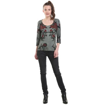 T-shirt de gola redonda, mangas 3/4, estampado floral DESIGUAL