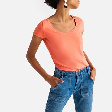 T-shirt, gola redonda, mangas curtas, jersey stretch LA REDOUTE COLLECTIONS