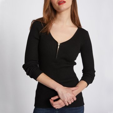 Camisola com decote em V, malha canelada MORGAN