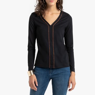 Camiseta con cuello de pico, de algodón y modal ANNE WEYBURN