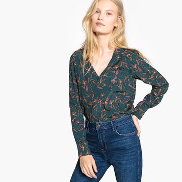 Blusa de decote em V, estampado floral, mangas copridas SEE U SOON