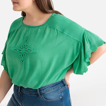 Blusa em gaze de algodão bordada, mangas borboleta CASTALUNA