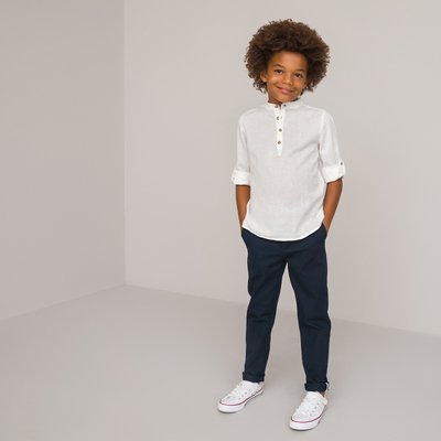 Cotton/Linen Shirt with Mandarin-Collar and Long Sleeves, 3-12 Years LA REDOUTE COLLECTIONS