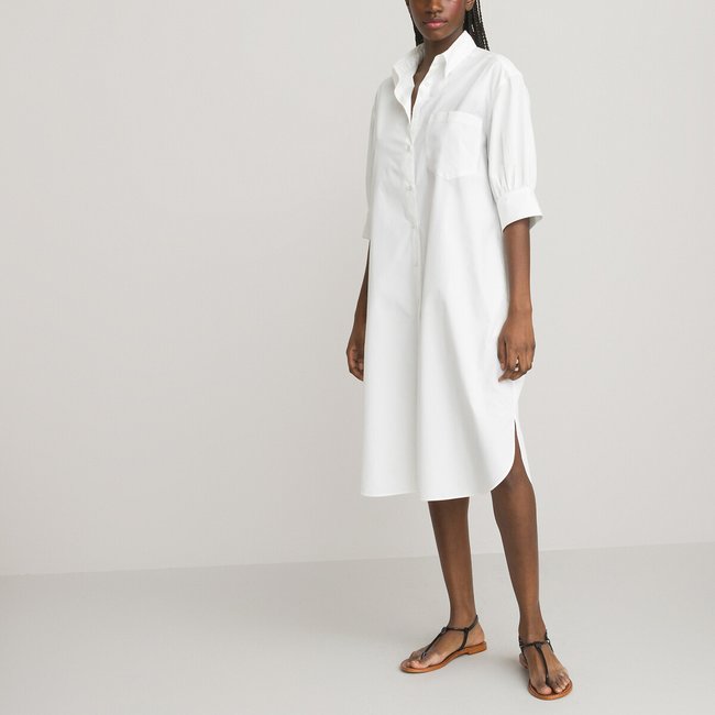 Midi Shirt Dress in Cotton Mix with Short Puff Sleeves, white, LA REDOUTE COLLECTIONS