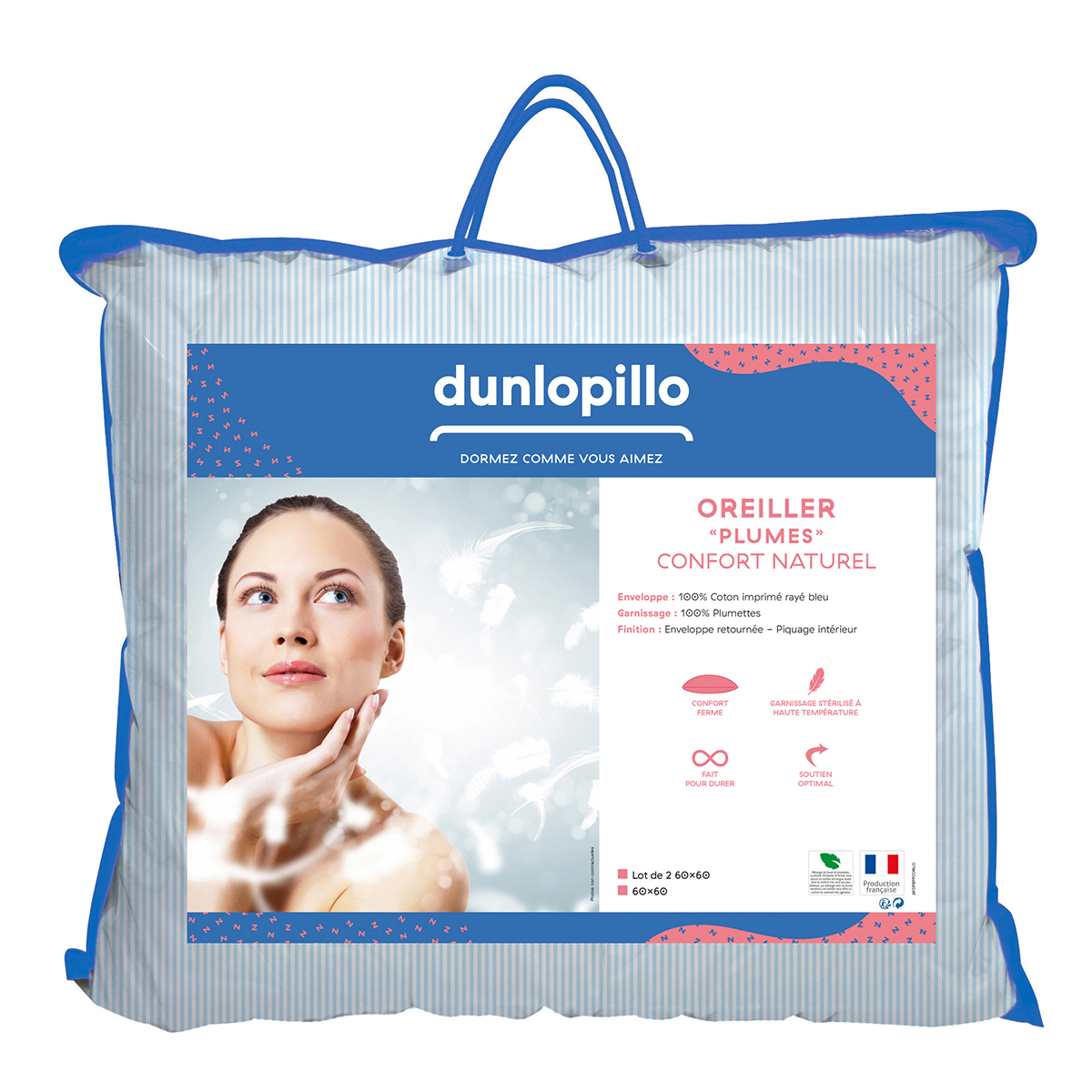 Lot de 2 oreillers Plumes Fermes - 100% plumettes, DUNLOPILLO