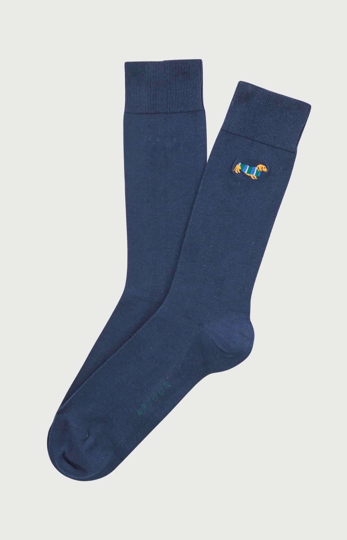Chaussettes brodées en coton imprimé Teckel Marine, ARTHUR