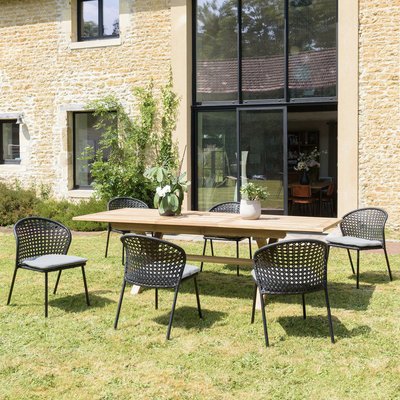 Salon de jardin 1 table teck 180x100 cm - 6 chaises rotin synthétique noir coussin gris GIJON PIER IMPORT