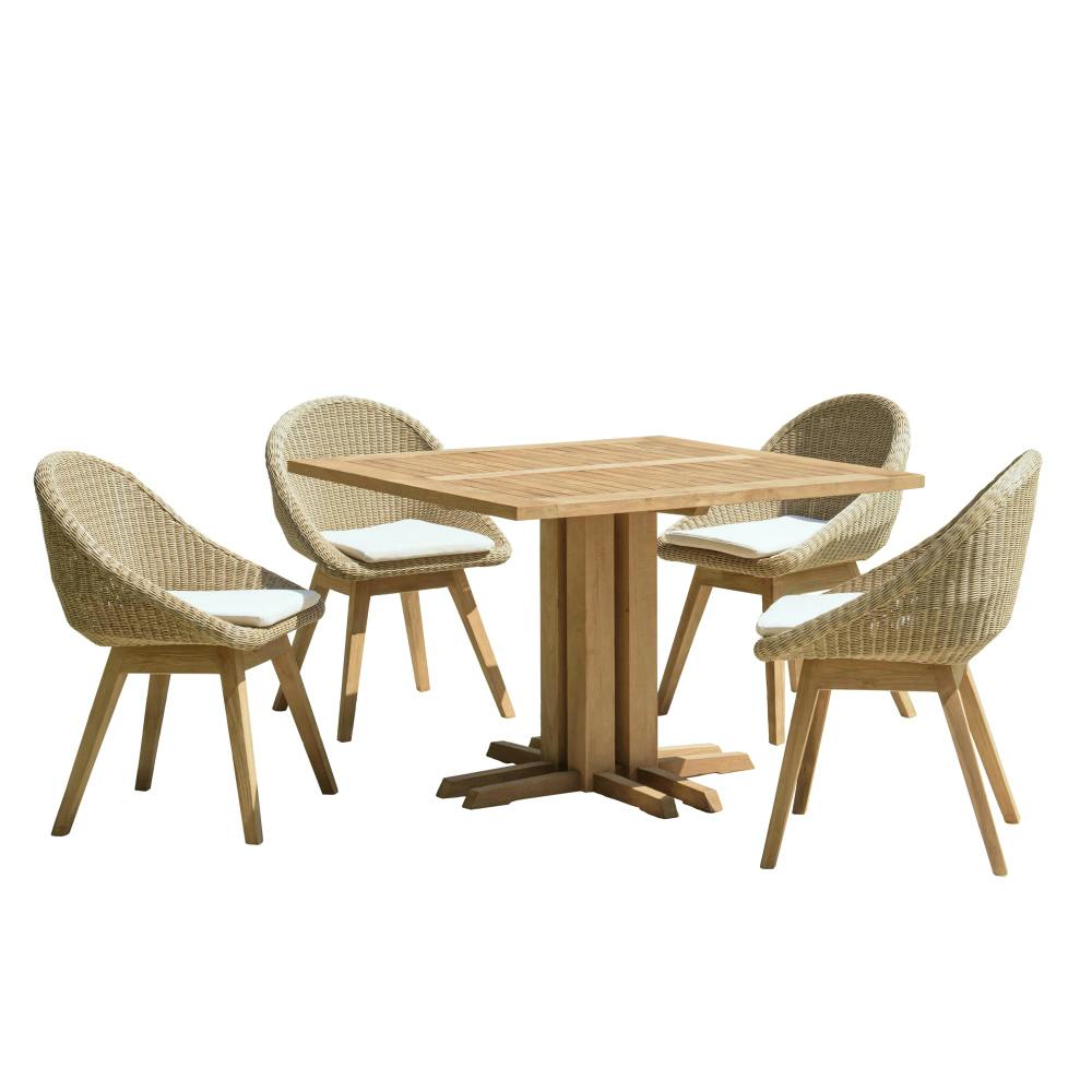 Salon de jardin teck naturel 1 table carrée 110 cm + 4 chaises arrondies résine tressée MANY, PIER IMPORT