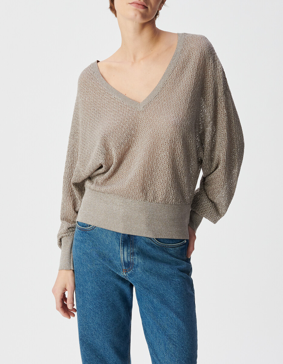 Metallic Knit V-Neck Long Sleeve Jumper, IKKS