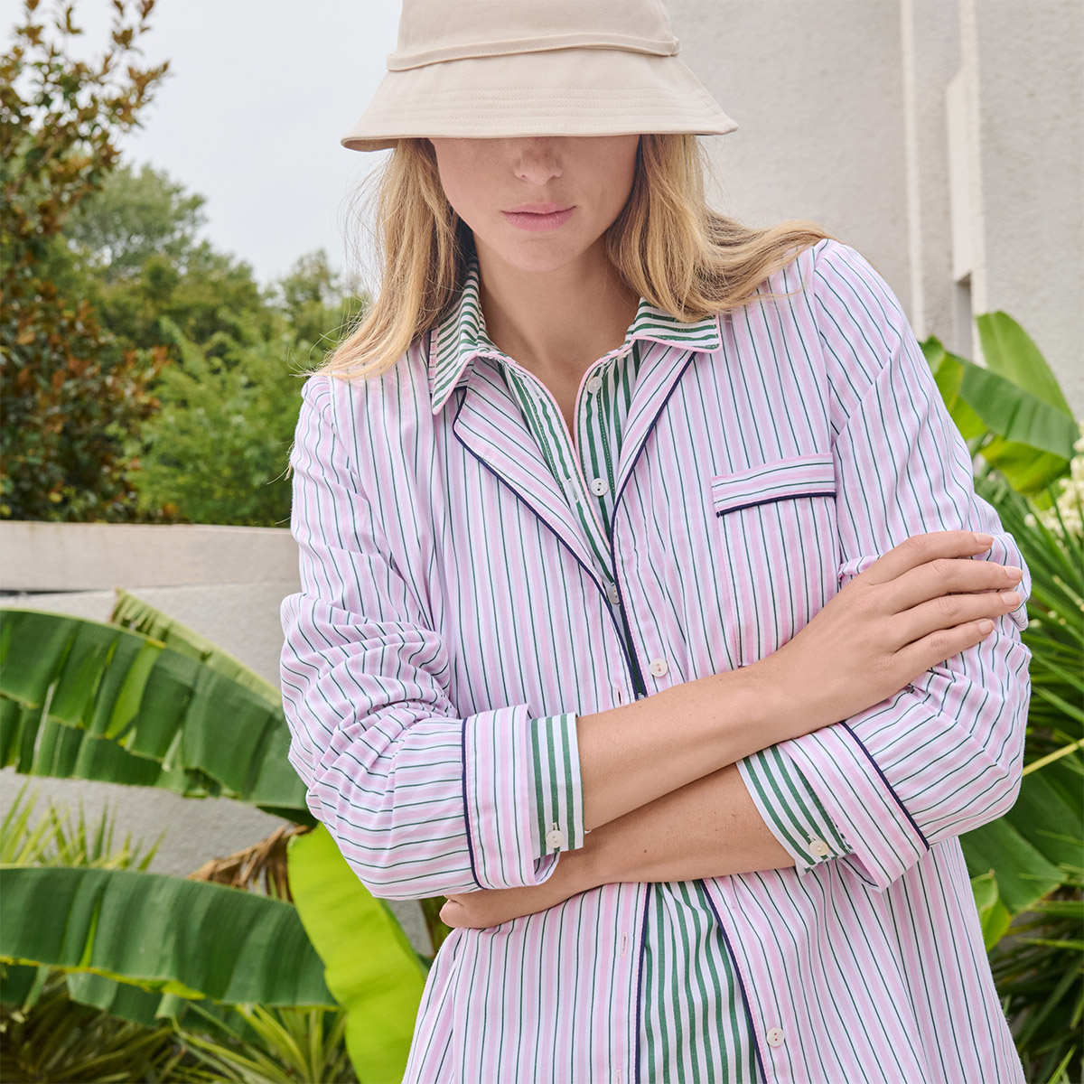 Pyjama col tailleur en popeline de coton ESSENTIEL RAYÉ, LAURENCE TAVERNIER