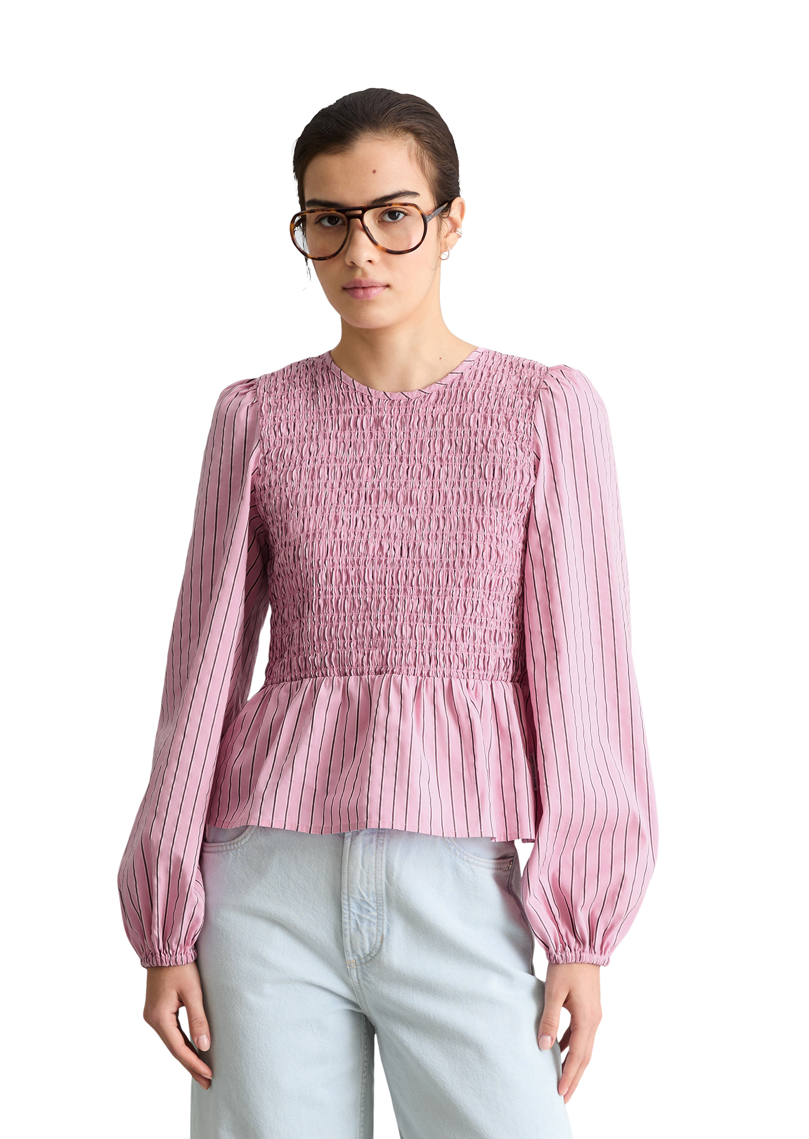 Blouse à rayures péplum slim avec partie supérieure smockée, MARC O’POLO DENIM