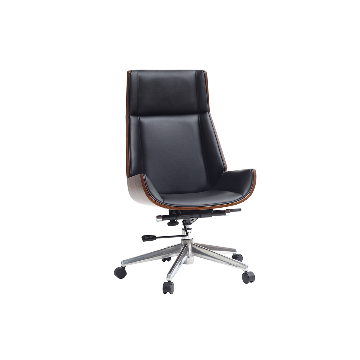 Fauteuil de bureau de direction design en tissu effet velours texturé beige, bois foncé et acier chromé CURVED, MILIBOO