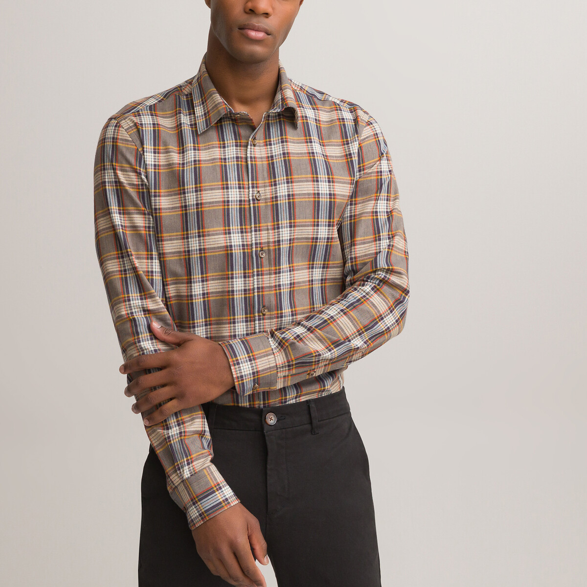 Checked cotton slim shirt with french 