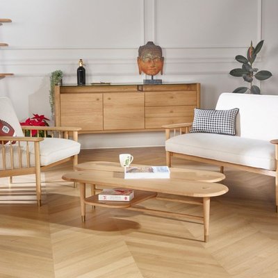 KENJI - Table basse style moderne en bois, pieds laiton, étagère basse ROBIN DES BOIS