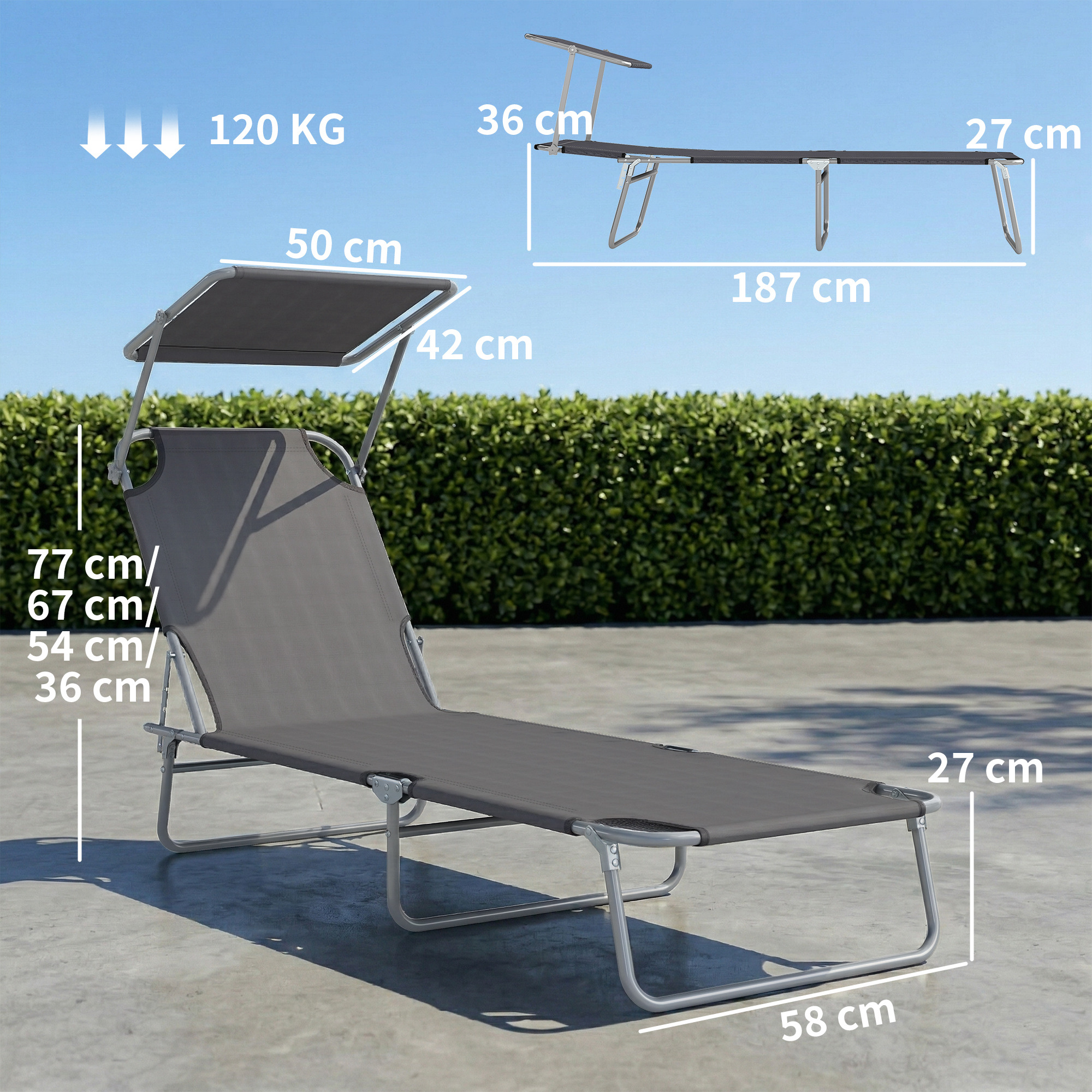 Chaise Longue Bain De Soleil Outsunny Avec Auvent Et Roulettes - Gris Foncé