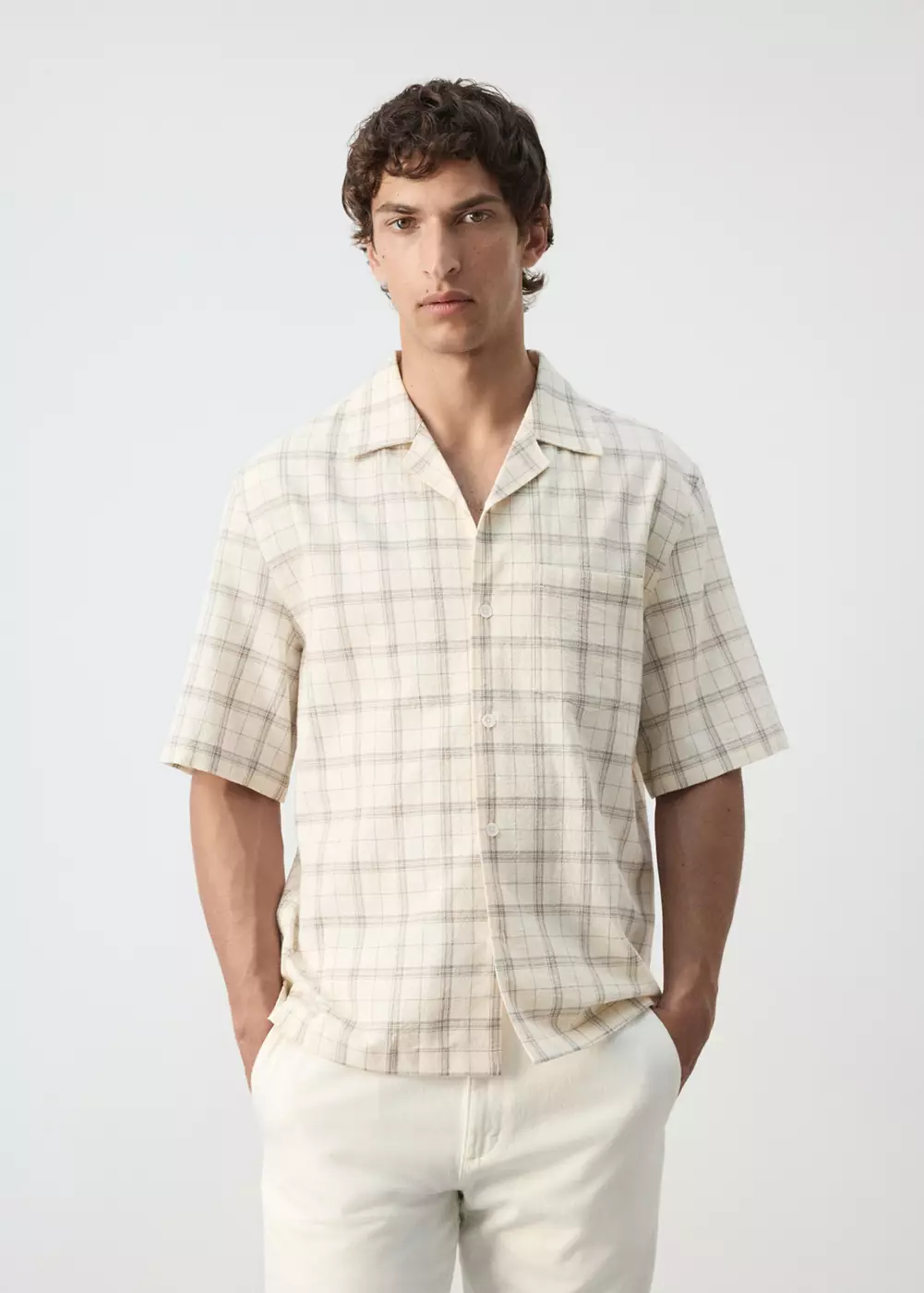 Chemise 100 % coton à carreaux avec col bowling, MANGO MAN