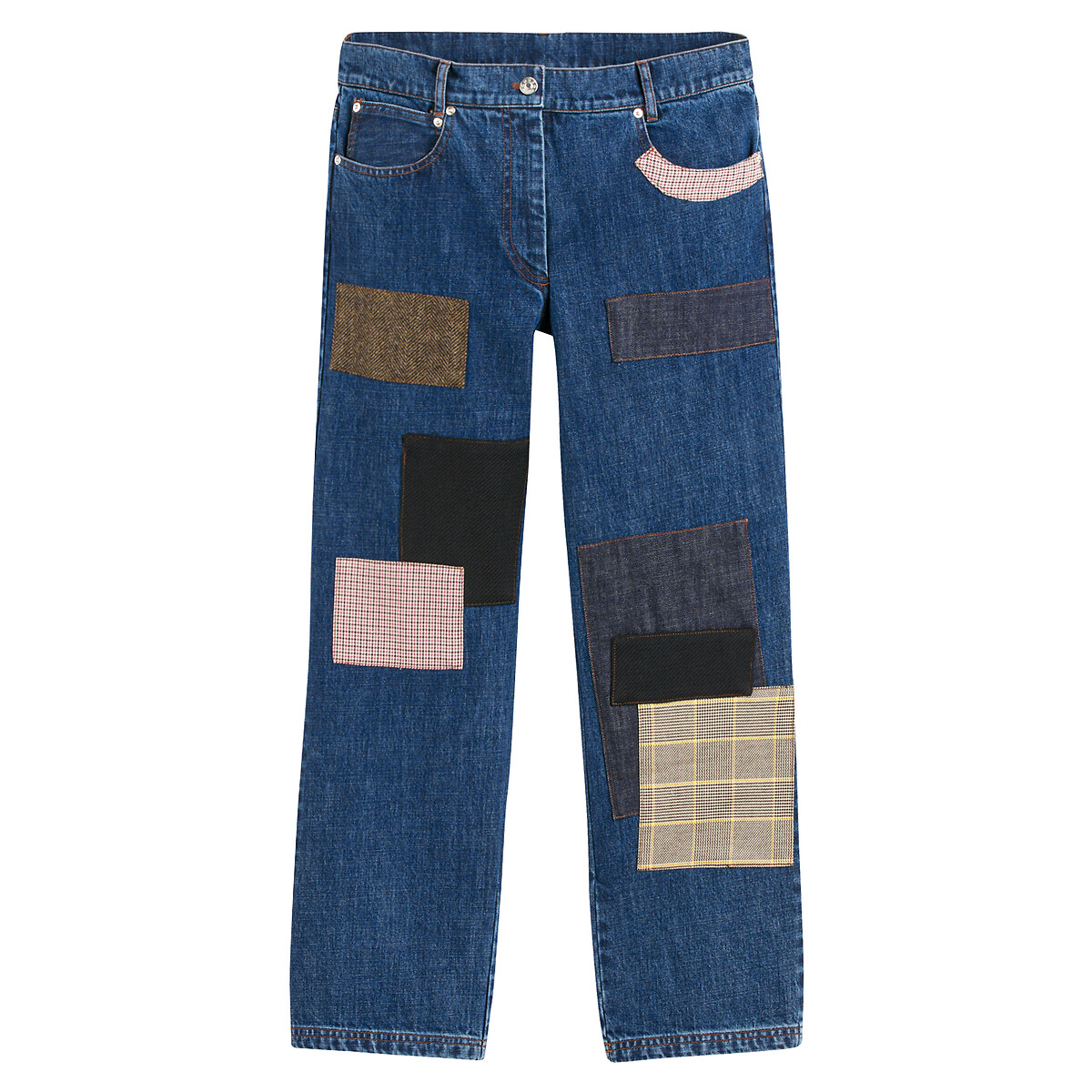 Patchwork Straight Jeans, Length 28.5"