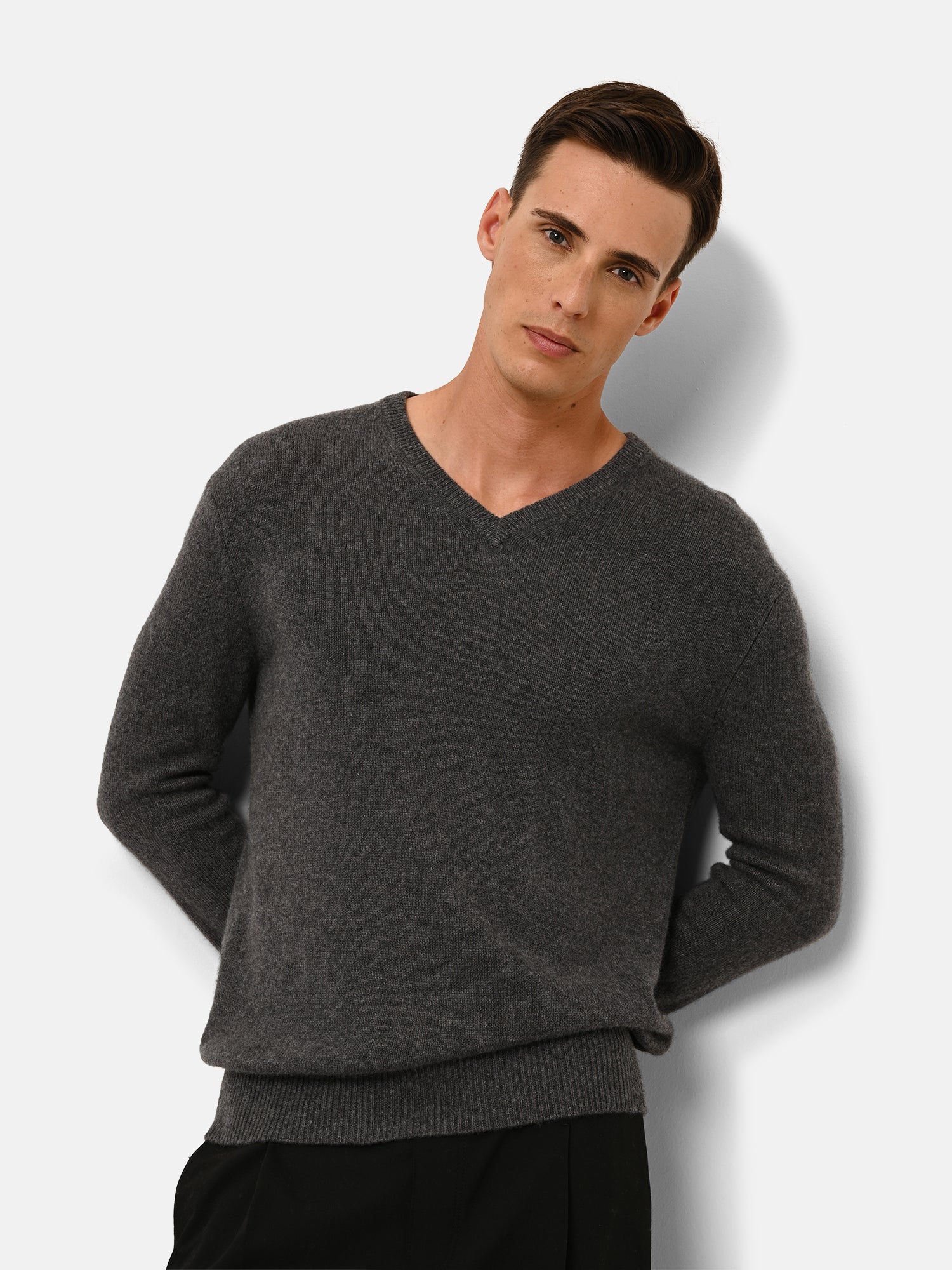 Pull Col V 4 Fils Anthracite Chiné Nathan, JUST CASHMERE