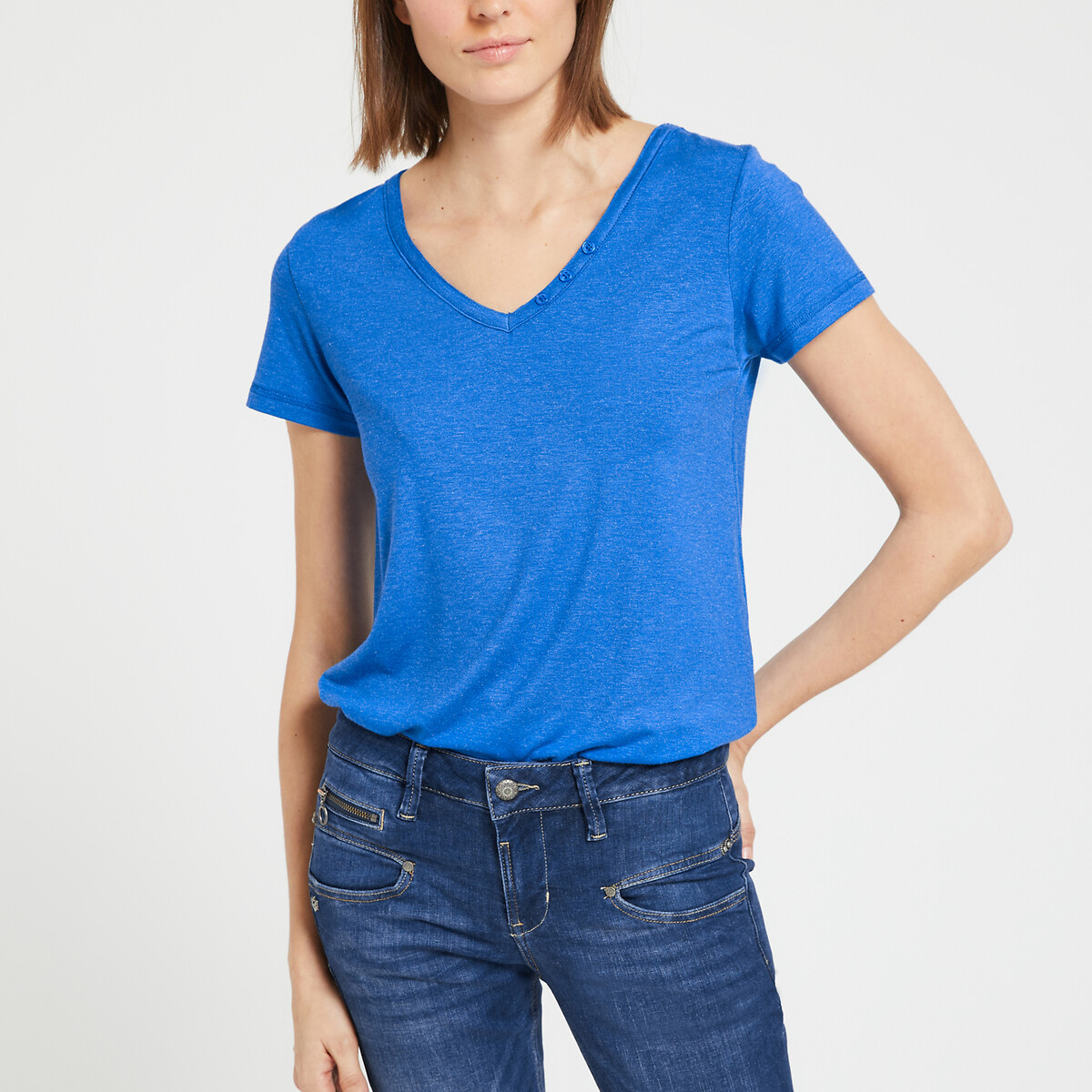 V-Neck T-Shirt with Logo on Back and Short Sleeves