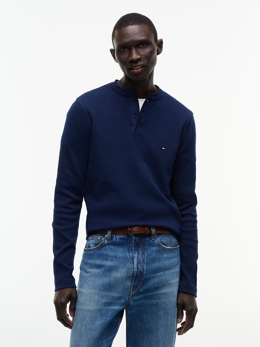 T-shirt à manches longues, maille gaufrée, col boutonné, TOMMY HILFIGER