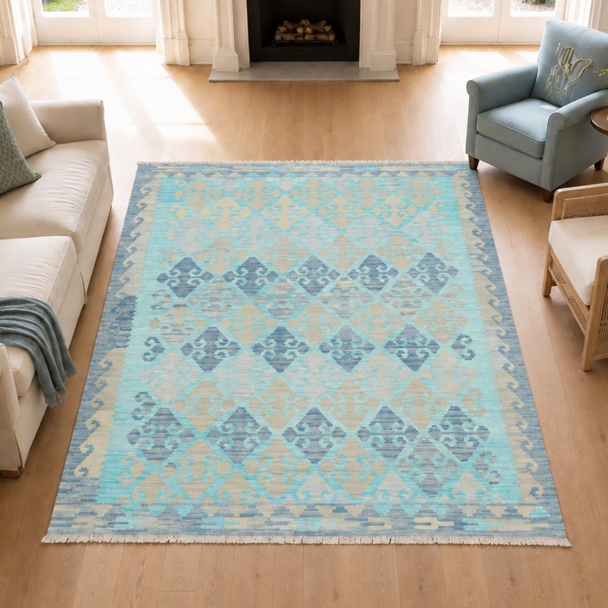 Tapis kilim géométrique, tissé plat en laine naturelle, KILIM 79, UN AMOUR DE TAPIS