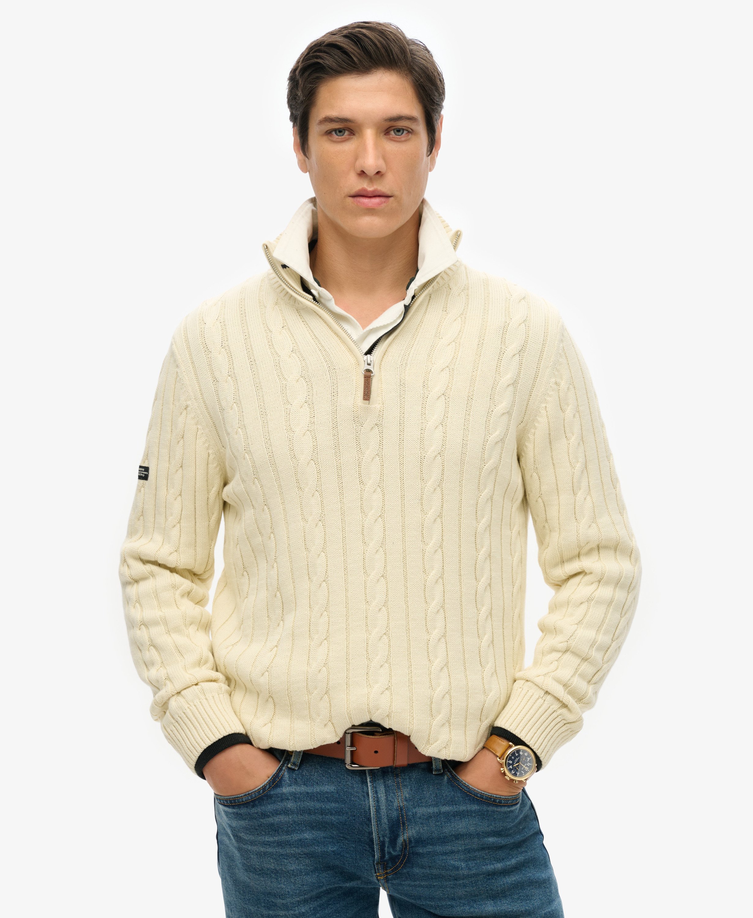 Pull Preppy Cotton Cable Half Zip coupe ajustée, SUPERDRY