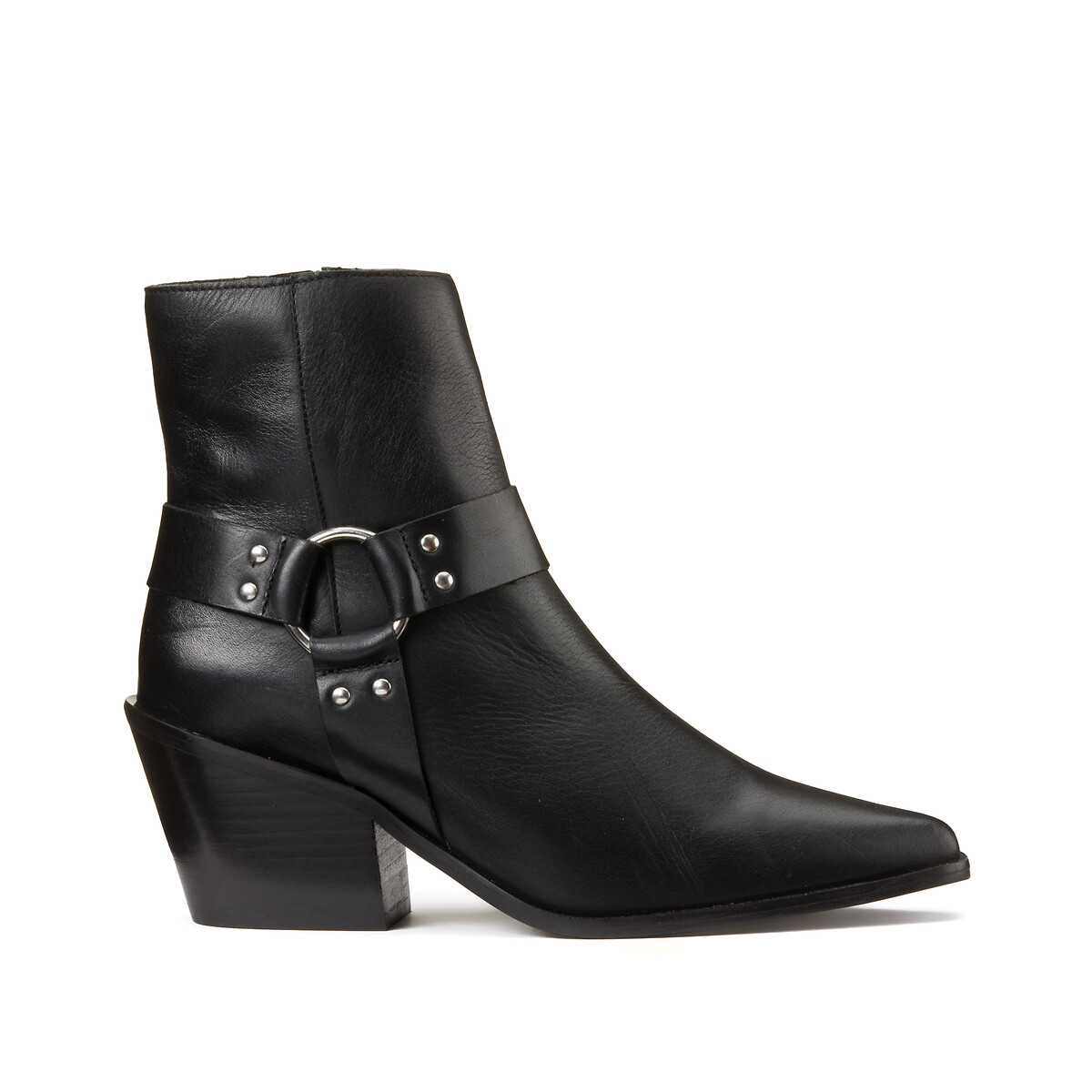 Leather Western Ankle Boots with Block Heel