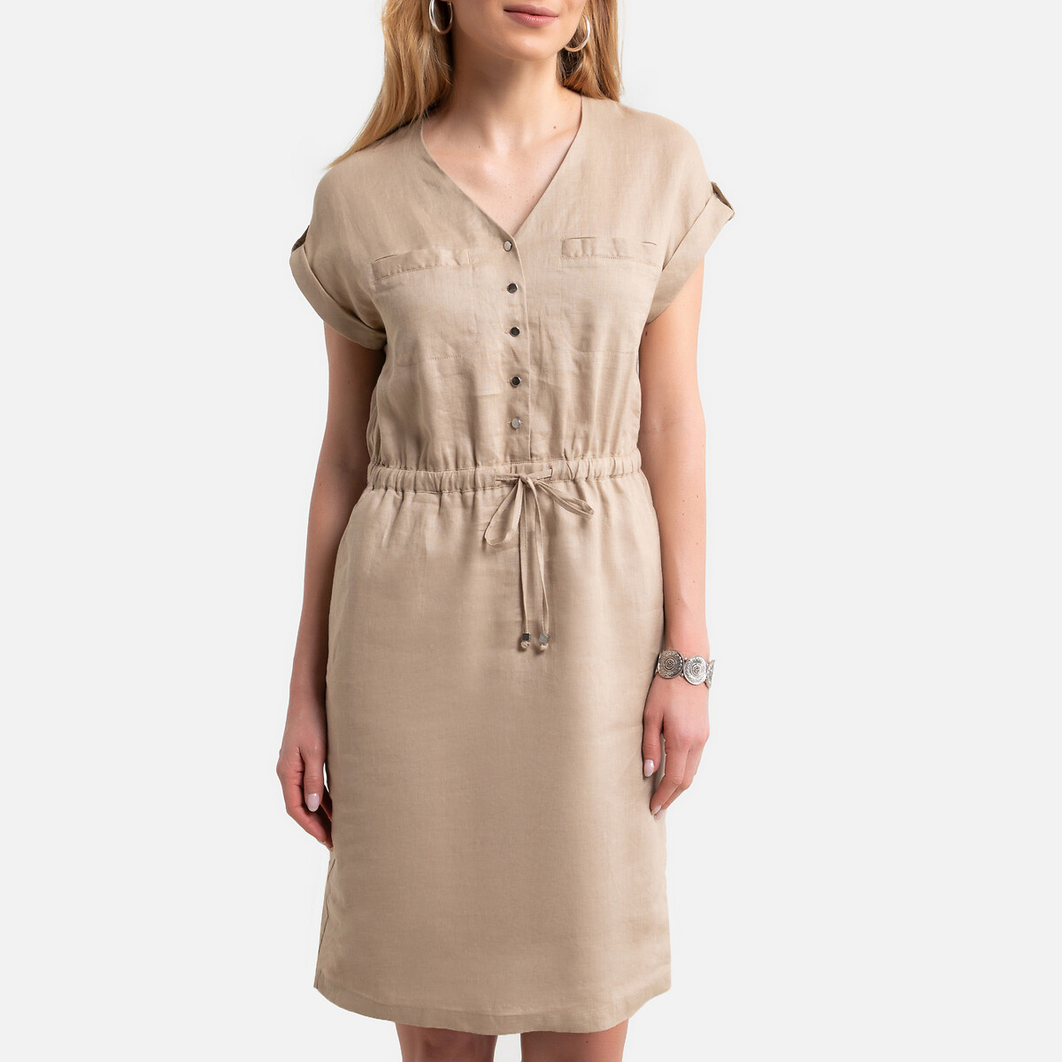 Starpromise Dresses for Women Casual Summer V-Neck Shift Daily Splice Pockets Button Plain Cotton 