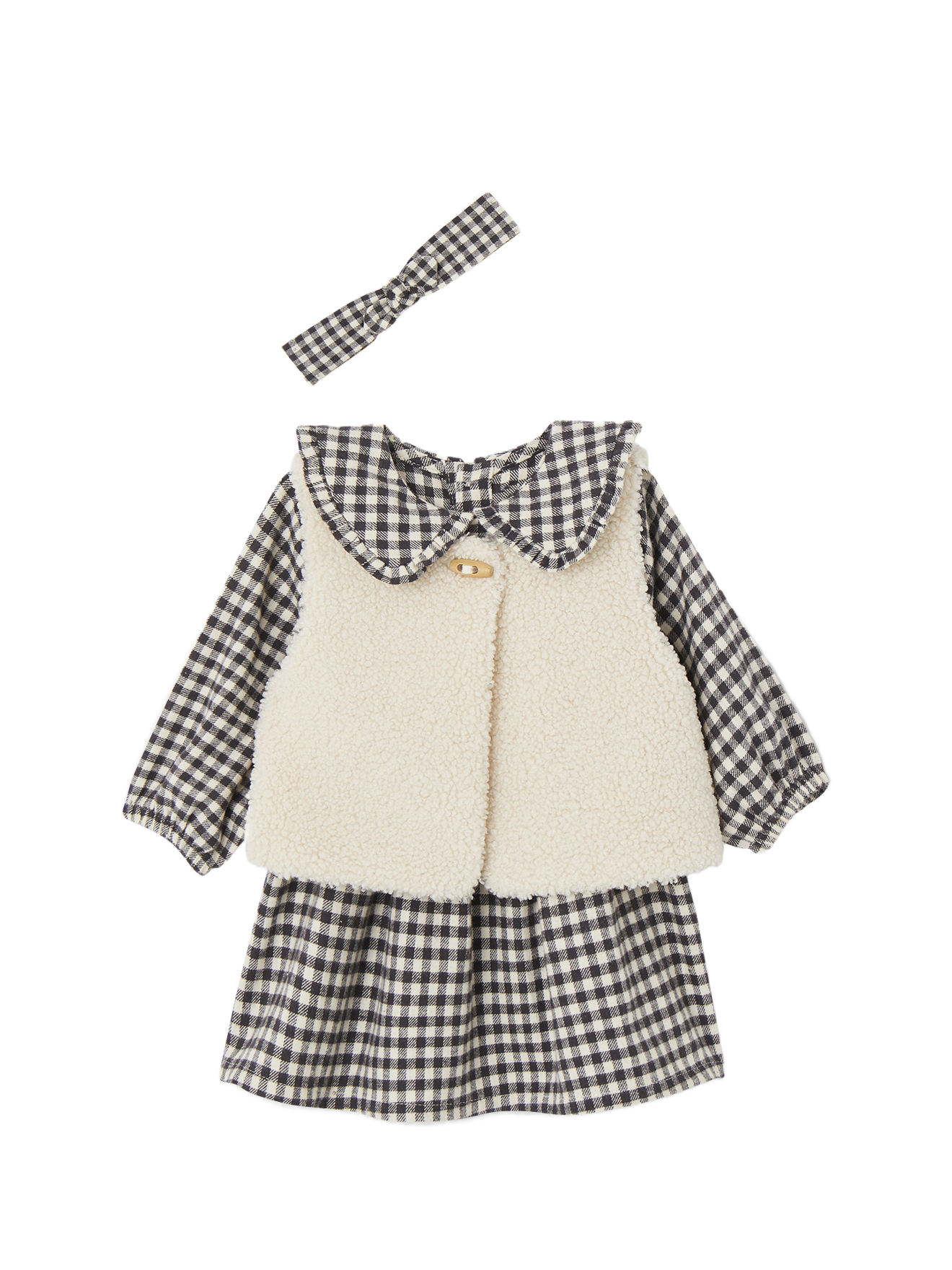 Ensemble 3 pièces bébé robe vichy + gilet + bandeau ATELIER, VERTBAUDET
