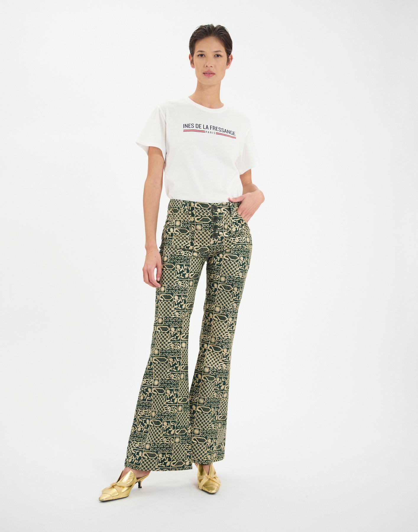 Pantalon Charlotte en coton brodé vert, INES DE LA FRESSANGE PARIS