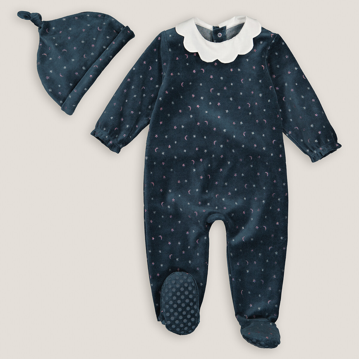 Star Print Velour Sleepsuit in Cotton Mix with Hat, Birth-3 Years