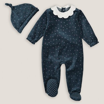 Star Print Velour Sleepsuit in Cotton Mix with Hat, Birth-3 Years LA REDOUTE COLLECTIONS
